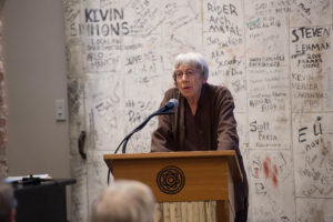 Ursula K. Le Guin speaks from a podium